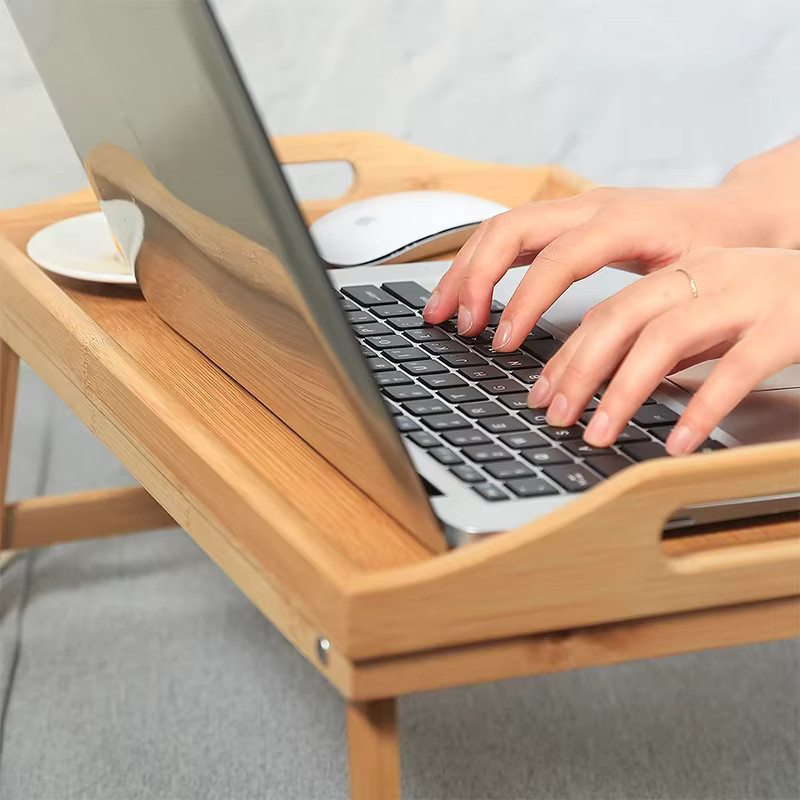 LIUSHADUOLA Klappbarer Betttablett-Tisch aus Holz, verstellbarer Laptopständer im Tatami-Stil, Frühstückstablett in Gelb und Braun - Bild 3