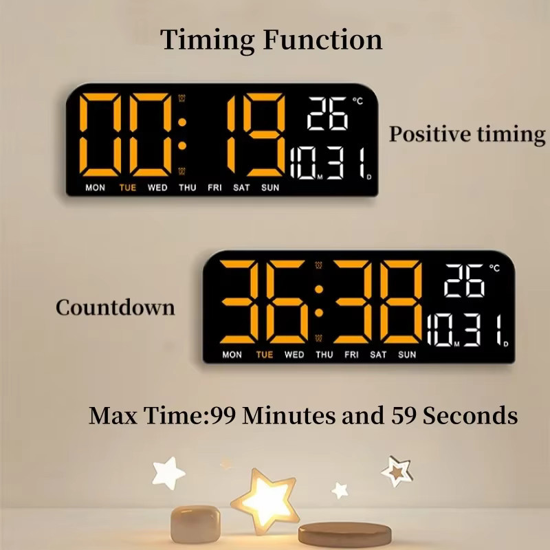 NieNie Digitale LED Wanduhr 9 Zoll in Schwarz mit Temperatur, Datum, Timer und automatischem Dimmer, USB-betrieben - Bild 3