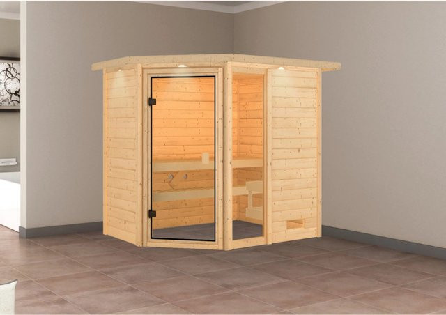 Karibu Massivholzsauna Jada mit LED-Dachkranz aus nordischer Fichte in Natur/Braun, B: 224 cm, T: 160 cm, H: 191 cm - Bild 2