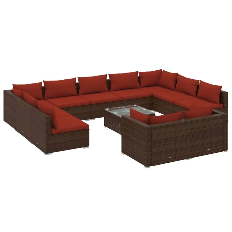 vidaXL 12-tlg. Garten-Lounge-Set in U-Form mit Kissen und Ottoman, Braun/Rot, Poly-Rattan und Metallgestell - Bild 2