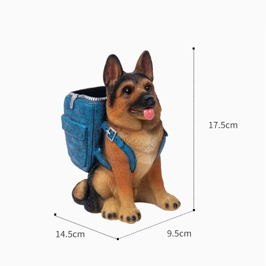 Niedliche Hundeskulptur mit Rucksack als Stifthalter und Desktop-Organizer aus Resin in Braun - Bild 2