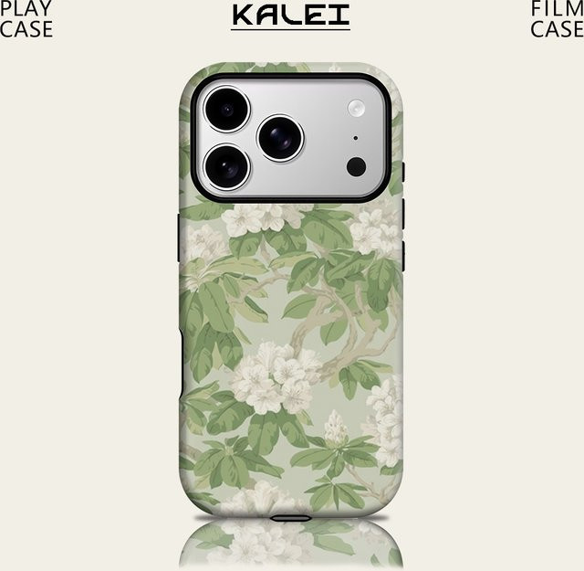 Potdemiel Magnetische Handyhülle mit Blumenmuster für iPhone 17 16 15 14 13 Pro Max Plus, Grün-Weiß, Robuste Doppelschicht-Hülle - Bild 1