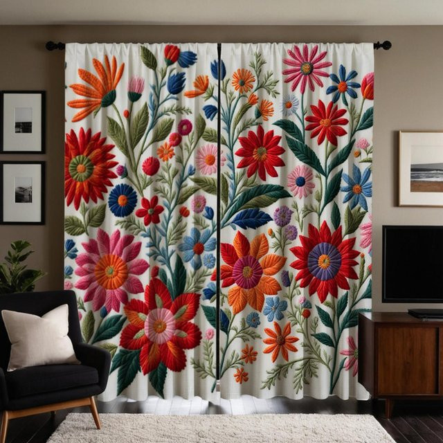 2er-Set Vorhang mit chinesischer Stickerei und dreidimensionalem Blumenmuster in Weiß mit rotem Bindeband, B: 132 cm, H: 160 cm - Bild 1