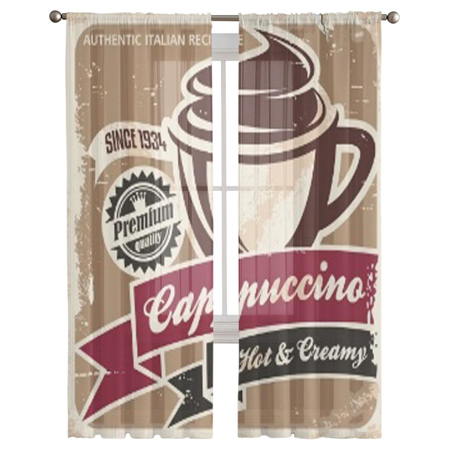 Voilegardinen mit Vintage Cappuccino Poster Motiv auf altem Papier, Tüll Fenstergardine für Wohnzimmer, Schlafzimmer und Küche, Breite: 135 cm, Höhe: 114 cm - Bild 2