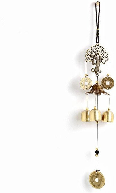 Retro Windspiel von Yiran Furniture aus Massivholz und Aluminium mit Schmetterlingsfächern und Kupfermünzen in Bronze und Gold, B/T/H: 24 x 10,5 x 3 cm - Bild 1