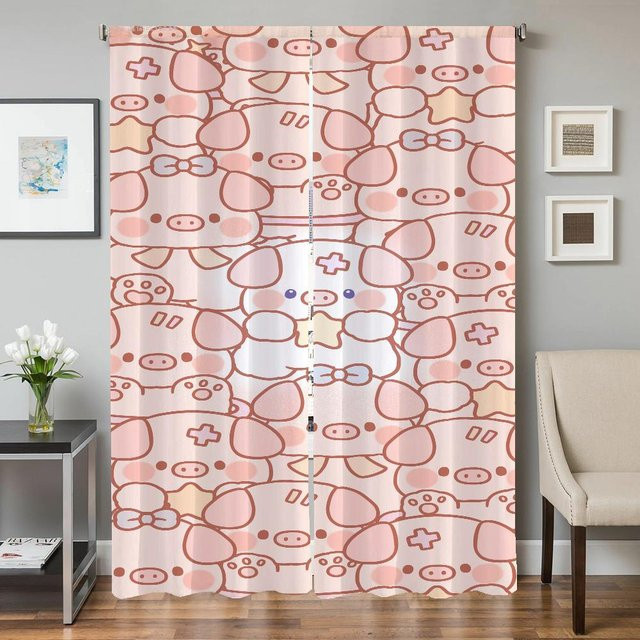 2er-Set Fensterküchenvorhänge mit niedlichem Tiermuster in Pink, halbtransparent, B: 50 cm, H: 70 cm - Bild 1