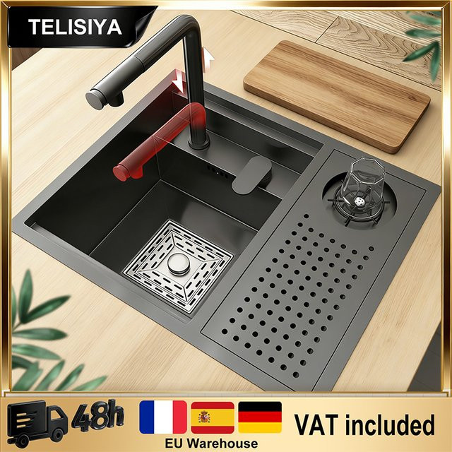 TELISIYA Mini Edelstahl-Spülbecken mit Reiskorn-Prägung in Silber oder Schwarz, multifunktionales Einzelbecken für Wohnmobil und Haushalt - Bild 1