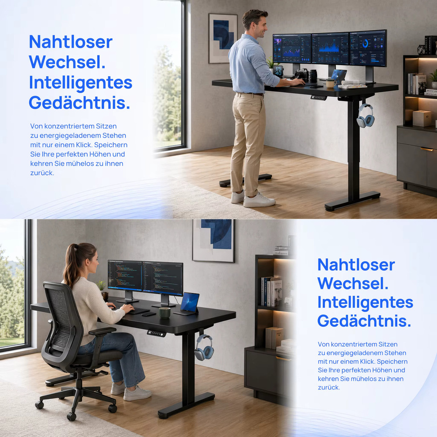 Elektrischer höhenverstellbarer Schreibtisch von Huanuo in Schwarz mit bürstenlosem Motor, ergonomischer Steh-Sitz-Tisch für das Homeoffice, B/T: 160 x 80 cm - Bild 4