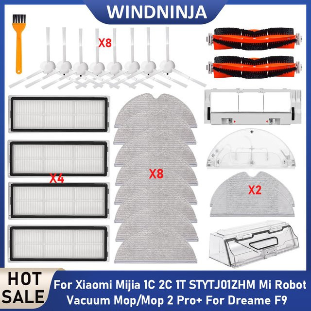 WINDNINJA Ersatzteil-Set für Xiaomi Mijia 1C 2C 1T STYTJ01ZHM und Dreame F9 Roboterstaubsauger in Weiß mit Wischmopp, Wassertank, HEPA-Filter, Haupt- und Seitenbürste sowie Staubbehälter - Bild 1