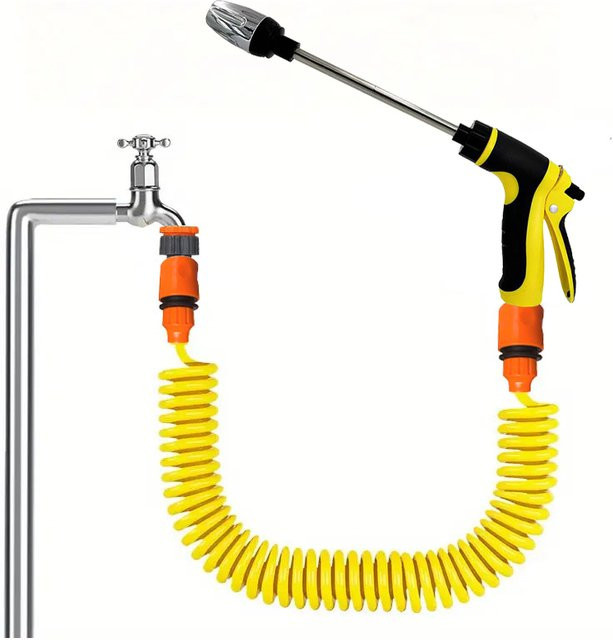 FLOWERS SPRAL Teleskop-Wasserleitung mit Hochdruckdüse und Autowaschwerkzeug-Set in Gelb - Bild 1