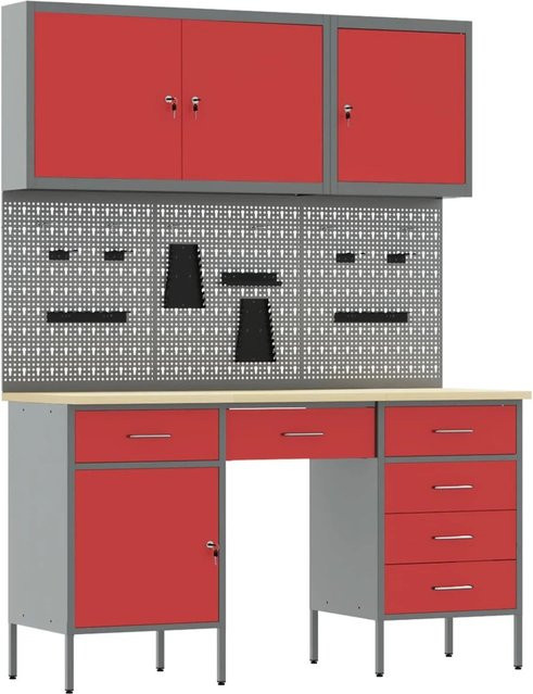 vidaXL Werkbank mit 8 Schubladen und Pegboard aus Holz und Stahl in Rot, B/T/H: 200 x 65 x 150 cm - Bild 1