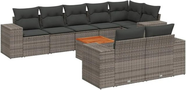 vidaXL 9-tlg Garten-Sofagarnitur aus Poly-Rattan und Akazienholz in Grau mit Kissen Modell 68 - Bild 1