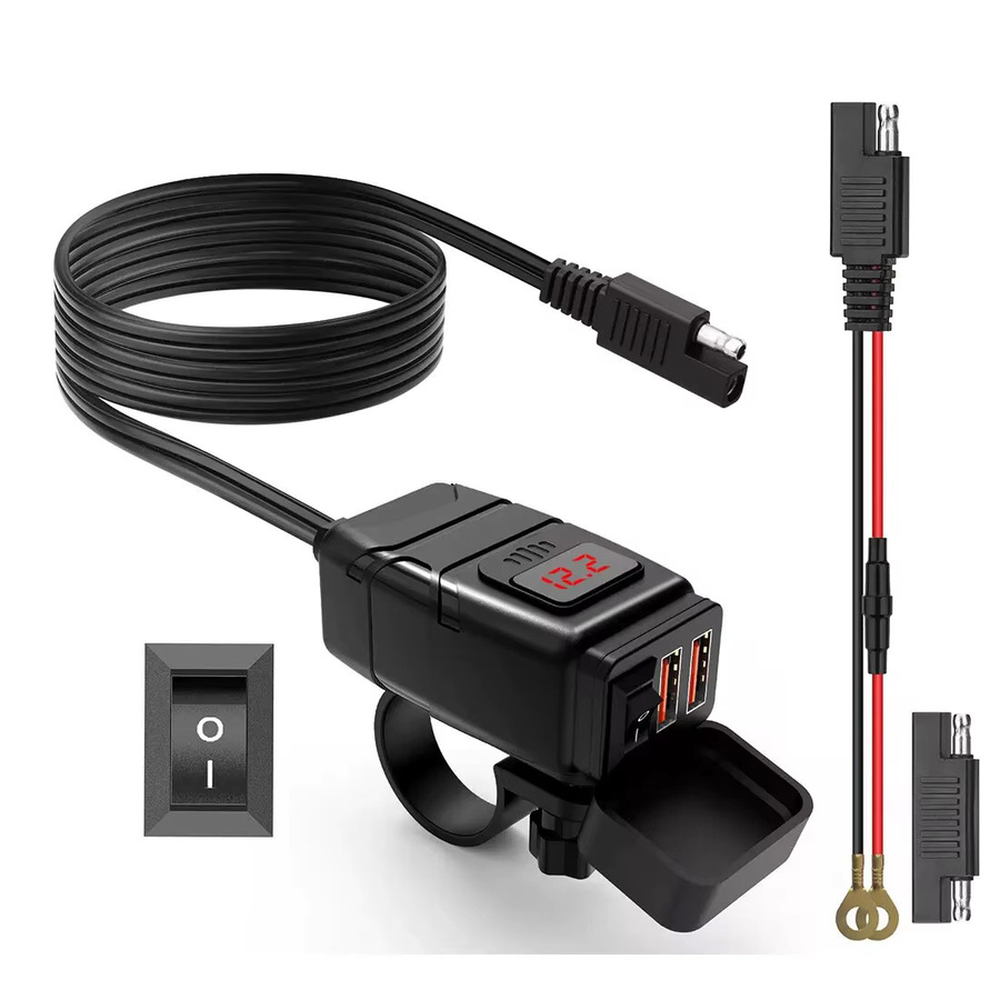 Universal 12V Motorrad USB Ladegerät mit USB-A und USB-C Schnellladefunktion, Digitales Netzteil für Motorrad Zubehör in Schwarz und Blau - Bild 6