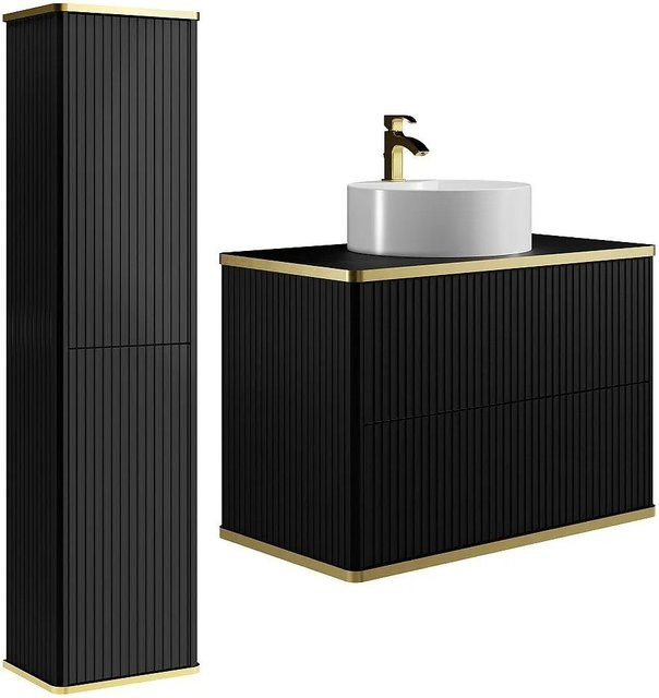 Vente-unique Badmöbel-Set Keliza im Art-déco-Stil mit Aufsatzwaschbecken und Hochschrank, Schwarz matt, Breite: 80 cm, Tiefe: 47 cm, Höhe: 54 cm - Bild 1