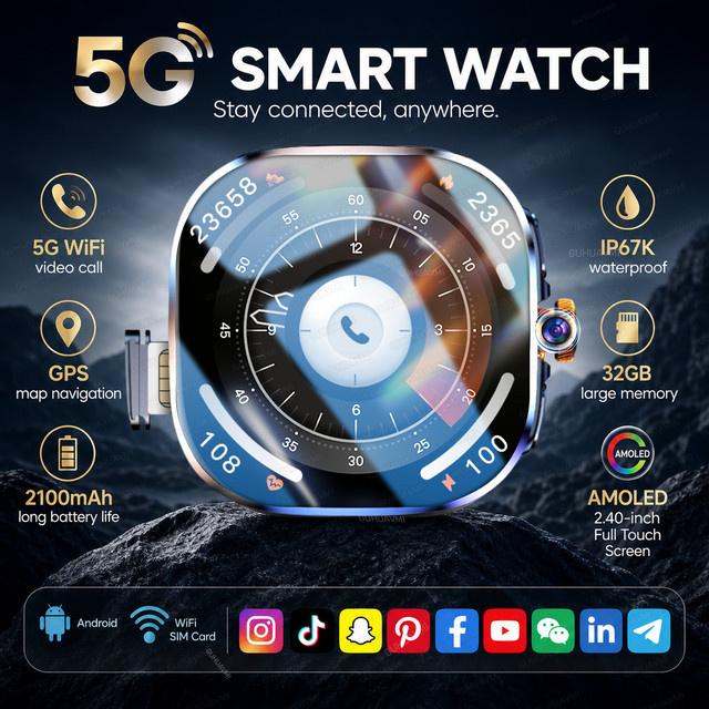 GUHUAVMI Smartwatch für Damen und Herren mit 4G 5G SIM-Funktion, WiFi, GPS und NFC, AMOLED HD Display, 3+32GB Speicher, Farbe: Braun - Bild 1