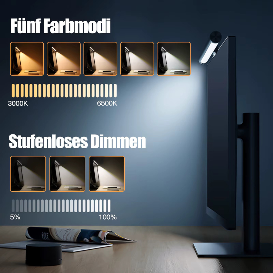 FullBerg LED-Büroleuchte in Schwarz mit USB-Anschluss, berührungsempfindliche Steuerung und einstellbarer Helligkeit sowie Farbtemperatur - Bild 3