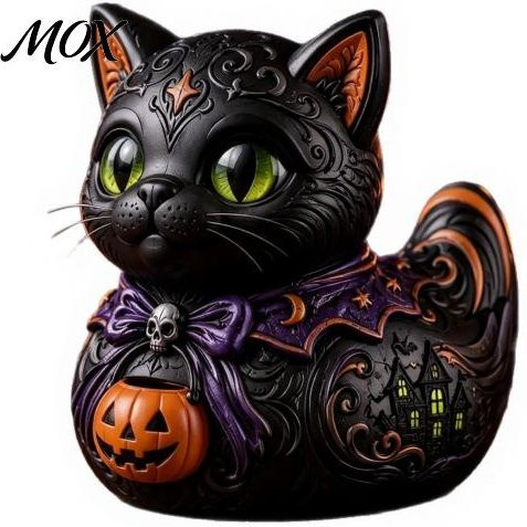 Fulv Mitternachtswitches Halloween Figur mit Kürbis Laterne, Gruselige Schwarze Katze und Ente Statue als Tischdekor in Schwarz, Orange und Lila - Bild 1