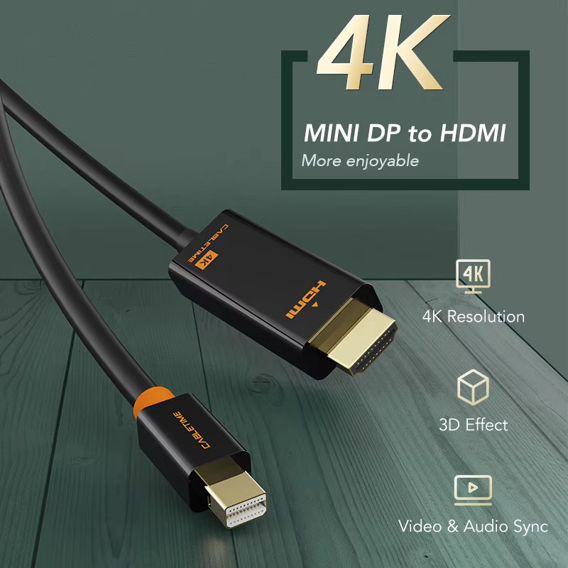 CABLETIME Mini Displayport auf HDMI Thunderbolt 2 Adapterkabel für MacBook Air und Laptops in 4K UHD, erhältlich in Schwarz oder Weiß - Bild 2