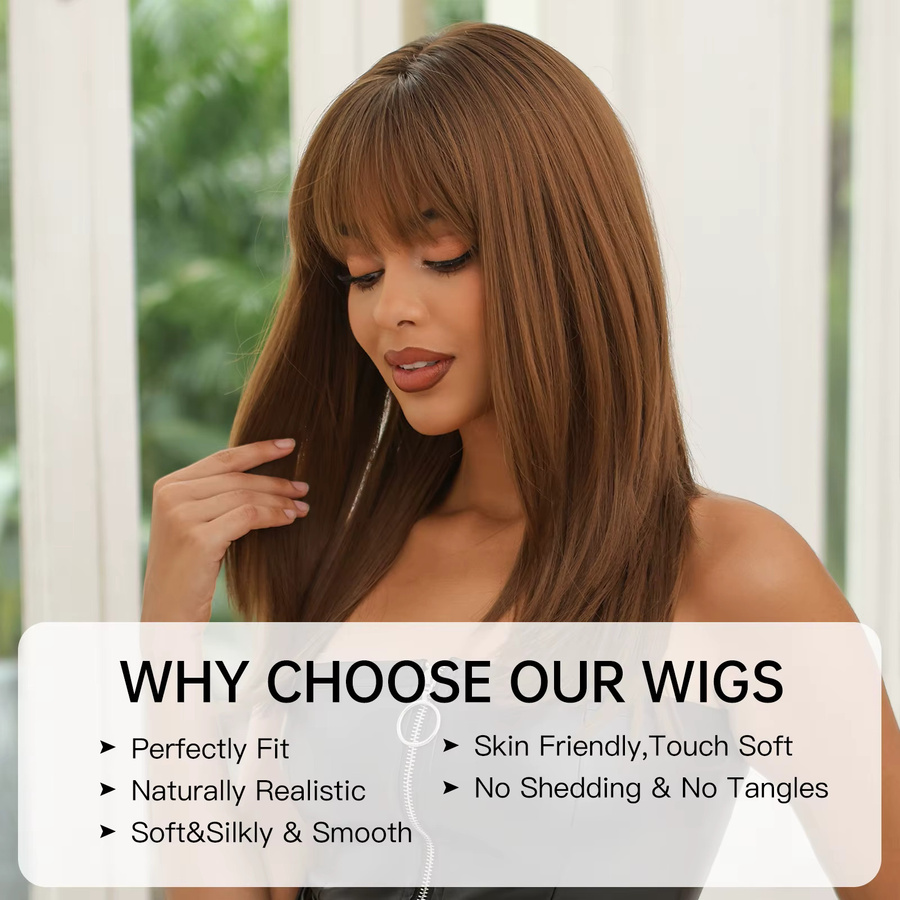 HAIRCUBE Perücke, hellbraun, schokoladenbraun, synthetisch, mit Pony, gerade, schulterlang, hitzebeständig - Bild 3