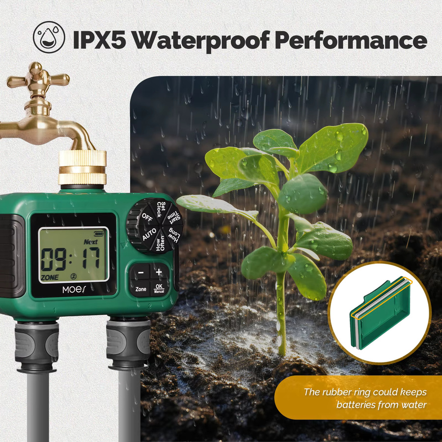 MOES Wasser-Timer mit 2 Ausgängen, LCD-Display und Regenverzögerung, wasserdicht nach IPX5, grüner Bewässerungscomputer mit Messing-Einlass und Kindersicherung - Bild 4