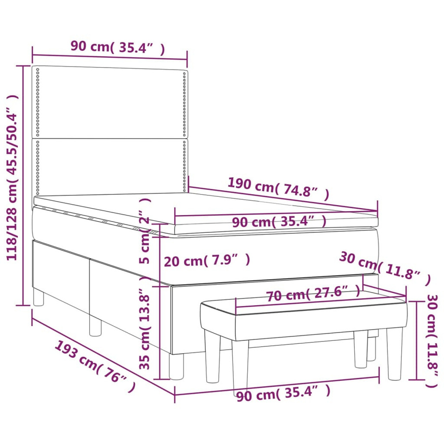 vidaXL Boxspringbett mit Matratze in Taupe, Hybrid-Design mit Taschenfederkern, B/T/H: 90 x 190 x 128 cm - Bild 3
