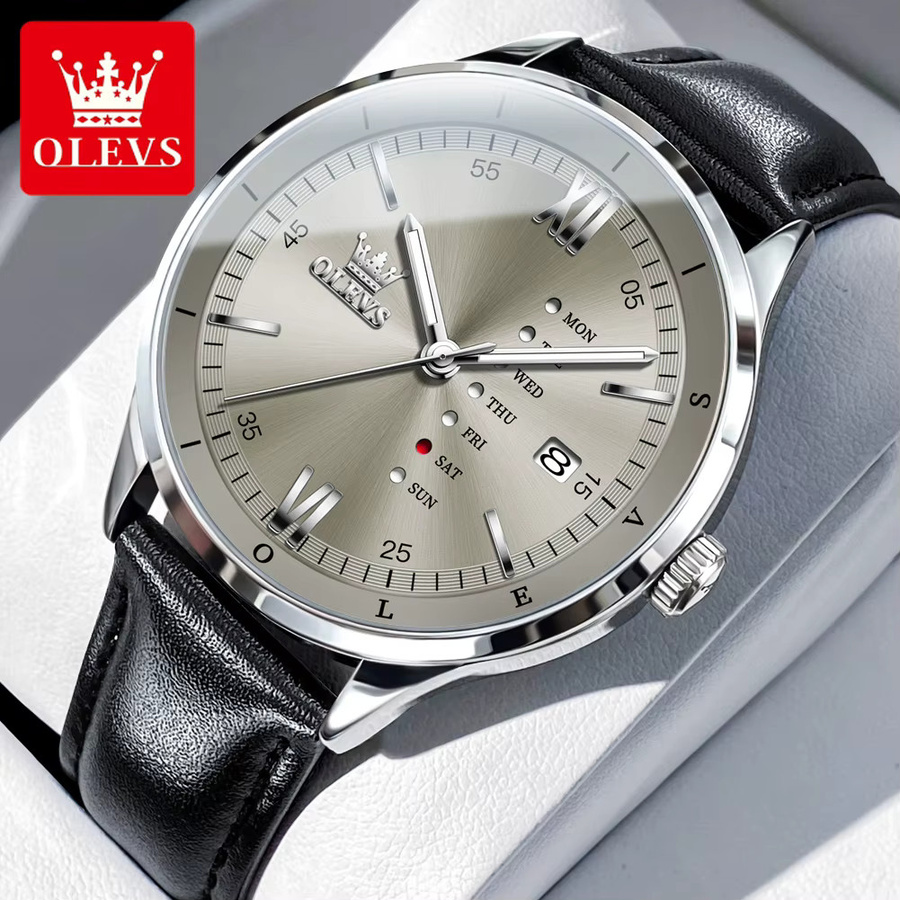 OLEVS Armbanduhr, Quarz, Edelstahl, Silber, Leder, Herren - Bild 7