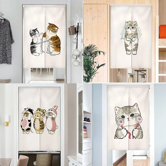 VIKAMA Halbvorhang aus Leinen mit Cartoon-Katzen-Motiv in Weiß, Breite: 90,0 cm, Höhe: 65,0 cm - Bild 1