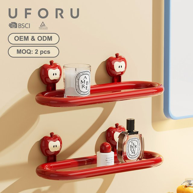 UFORU Cartoon-Apfel Badezimmer-Aufbewahrungsregal rot, selbstklebendes Wandregal aus Kunststoff für Badezimmer und Küche - Bild 1