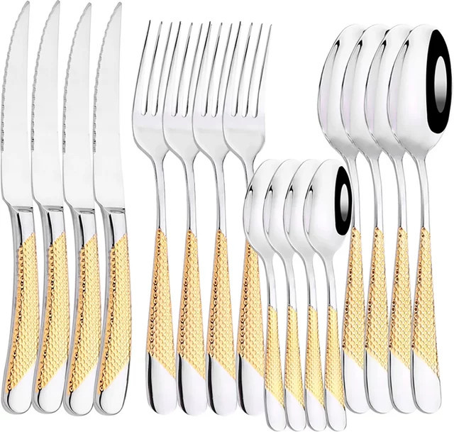 JANKNG Besteckset aus Edelstahl in Gold und Silber, 16-teiliges Set mit Messern, Gabeln und Löffeln, spülmaschinenfest - Bild 1