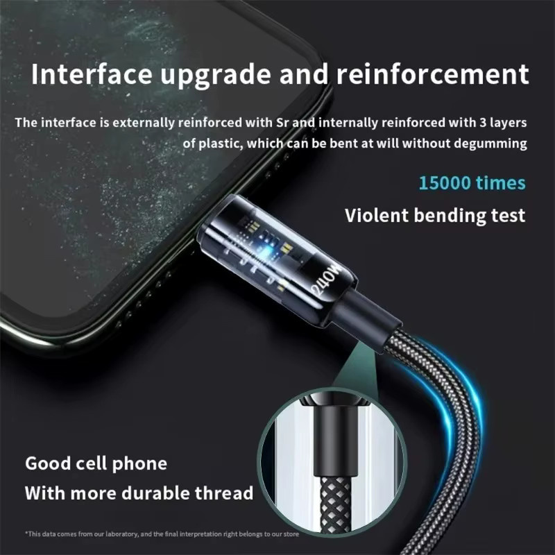 USB A zu C Schnellladekabel 240 W mit geflochtenem Nylon für iPhone, Samsung und Xiaomi, Farbe: Schwarz - Bild 3