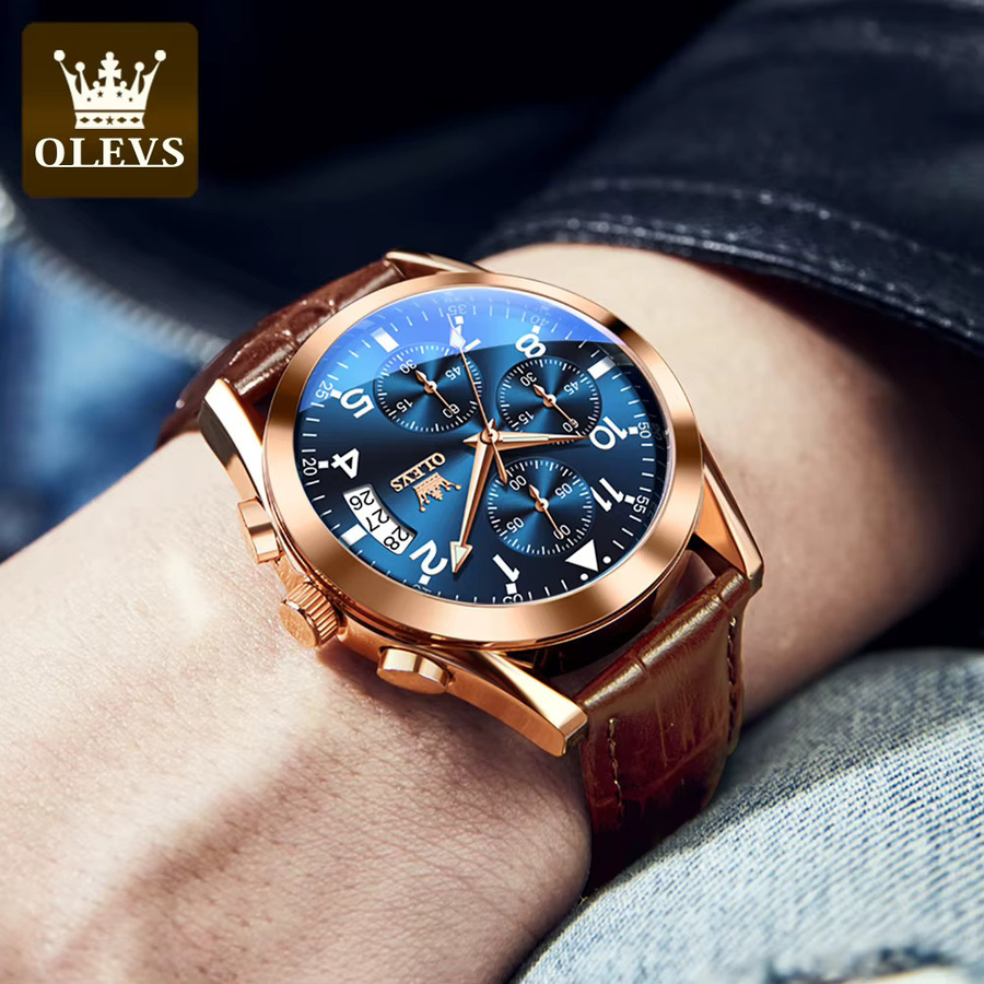 OLEVS Chronograph Armbanduhr, Quarz, Leder, Herren, Blau, Roségold - Bild 4
