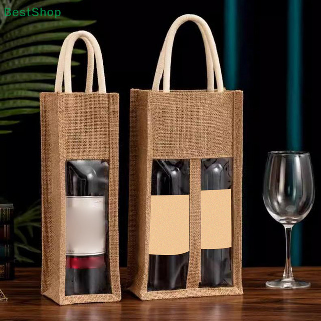 Geschenktüte aus Sackleinen mit Fenster in Beige für Wein oder Champagner - Bild 1