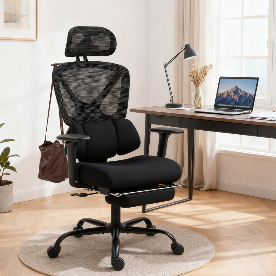 Ergonomischer HOMCOM Bürostuhl in Schwarz mit 3D-Armlehnen, Kopfstütze und Lendenstütze, höhenverstellbarer Drehstuhl mit Wippfunktion für dein Home-Office von Aosom - Bild 2