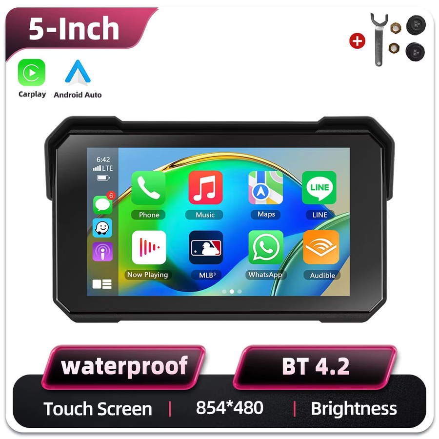 Podofo Motorrad Smart Player mit 5 Zoll IPS Touchscreen, IP68 wasserdichter GPS-Navigator mit kabellosem CarPlay, Android Auto und Bluetooth, Farbe: Schwarz - Bild 5