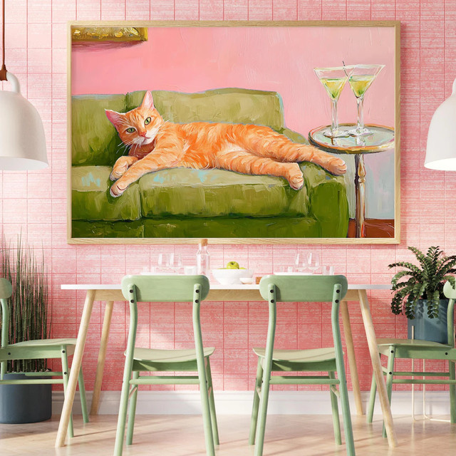 Retro Wandkunst Poster von SHENCHEN mit Illustration einer orangefarbenen Katze beim Martini in Rot - Bild 1