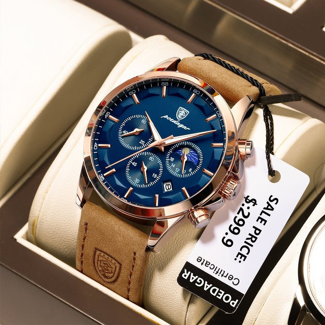 POEDAGAR Chronograph, Quarz, Leder, Blau, Herren - Bild 1