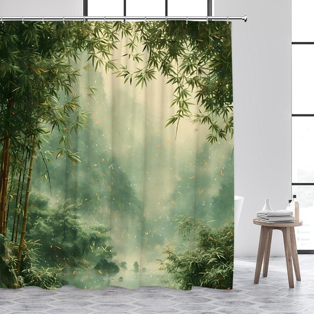 Baifenbai Home Furnishing Duschvorhang mit japanischer Landschaft und Kirschblüten in Rosa und Grün, B/H: 150 x 180 cm - Bild 1