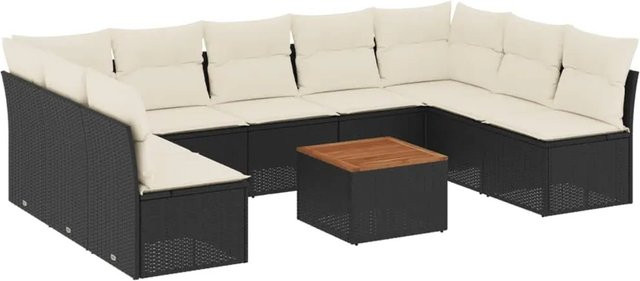 vidaXL 10-tlg. Garten-Sofagarnitur aus Poly-Rattan und Akazienholz in Schwarz mit Kissen und Tisch - Bild 1