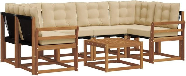 vidaXL Outdoor-Sofagarnitur 7-teilig aus Akazienholz und Textilene in Natur-Beige mit Kissen und Armlehnen - Bild 1