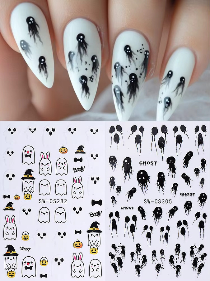 SWEET TREND Nagelaufkleber Halloween, Cartoon Geist Kürbis, Matt, 2 Stück - Bild 5
