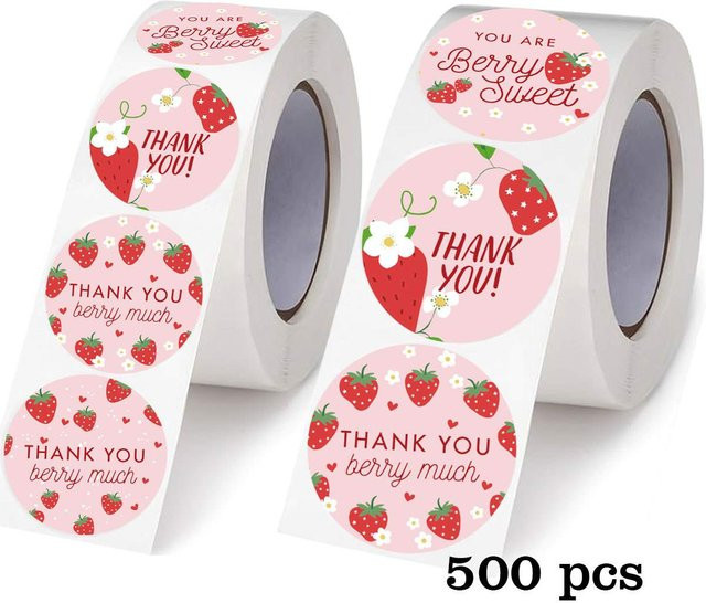 TYFYO Erdbeer Dankeschön Aufkleber, 500 Stück selbstklebende Etiketten in Multicolour zur Dekoration von Geschenken, Umschlägen und Cupcakes - Bild 1