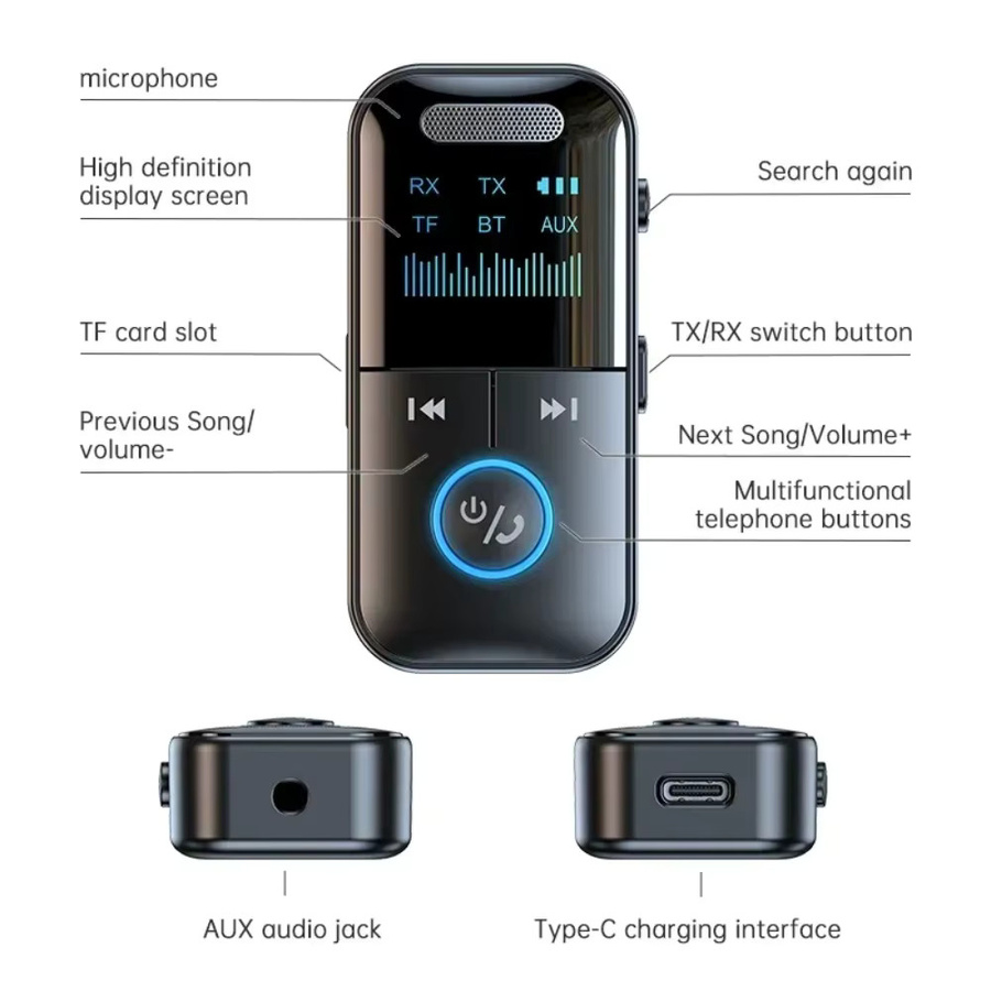 VIKEFON GT69 Bluetooth 5.4 Empfänger und Sender 4-in-1 Audio-Adapter in Schwarz für Auto, TV und PC mit HiFi-Sound und TF-Karten-Wiedergabe - Bild 4