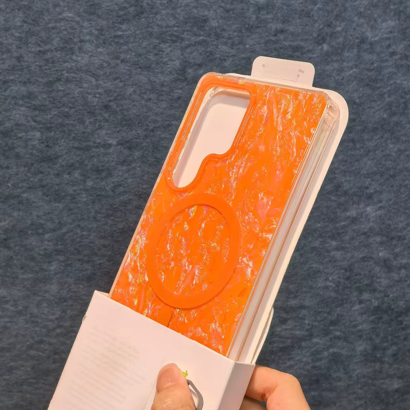 Luxuriöse MagSafe Handyhülle mit Aurora-Shell-Textur für Samsung Galaxy S26 S25 S24 Plus Ultra FE in Gold und Orange mit magnetischer kabelloser Ladefunktion - Bild 2
