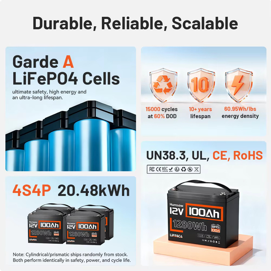 Humsienk 12V 100Ah LiFePO4 Lithium-Batterie Gruppe 24 Deep Cycle mit Smart 100A BMS und Niedertemperatur-Schutz in Schwarz - Bild 2