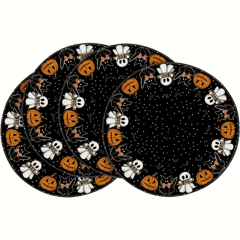 VIKAMA Halloween Tischsets mit Geister- und Kürbis-Motiv, 4/6-teiliges Set aus Leinen, Schwarz, Rund - Bild 5