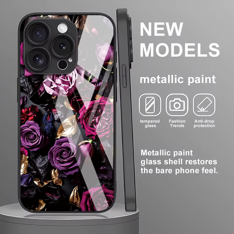 Stoßfeste Handyhülle mit Rose Flower Design und gehärtetem Glas für Apple iPhone Modelle in Schwarz und Multicolour - Bild 2