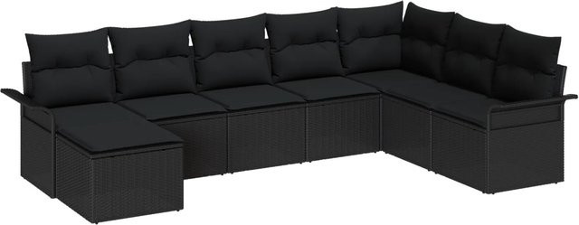 vidaXL Garten-Sofa-Set aus Poly-Rattan in Schwarz, 8-teiliges U-Shape Lounge-Set mit Kissen und Hocker - Bild 1