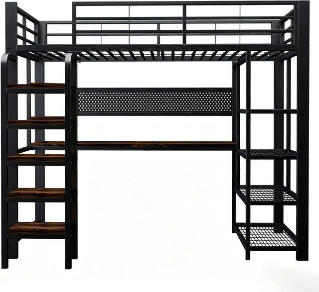Merax Hochbett mit Schreibtisch und LED-Beleuchtung in Schwarz, B/T/H: 205,4 x 90 x 172,5 cm - Bild 1
