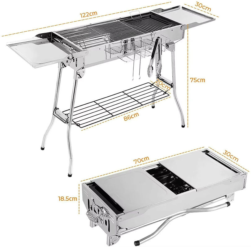 Tragbarer Holzkohlegrill aus Edelstahl in Silber mit antihaftbeschichteter Pfanne und verstellbarer Belüftung, B/T/H: 30,0 x 75,0 x 122,0 cm - Bild 4
