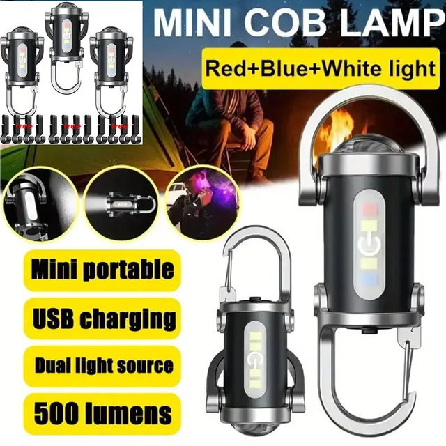 KDULIT Mini-Schlüsselanhänger-Taschenlampe mit COB-LED, wiederaufladbares Arbeitslicht mit Haken in Schwarz - Bild 1